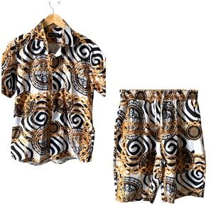 Suslo Couture NY Men’s 2 Piece Chain Print Shirt & Shorts Beach Outfit Set XL